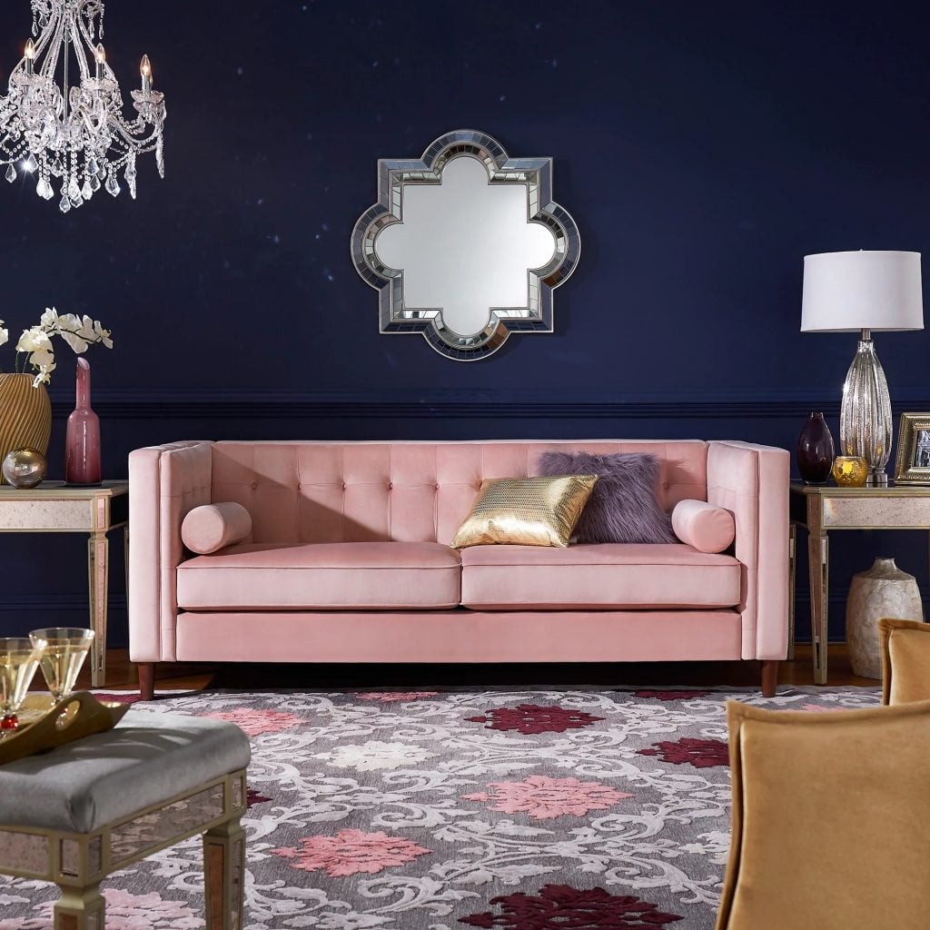 Beverly Pink Velvet Sofa or Loveseat with Pillows by iNSPIRE Q Bold